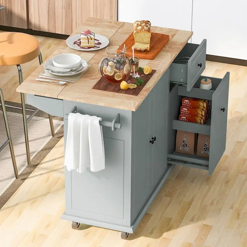 53.9 in. W Kitchen Island with Drop-Leaf Countertop, 5 Wheels, Internal Storage Rack and 3-Tier Pull-Out Cabinet