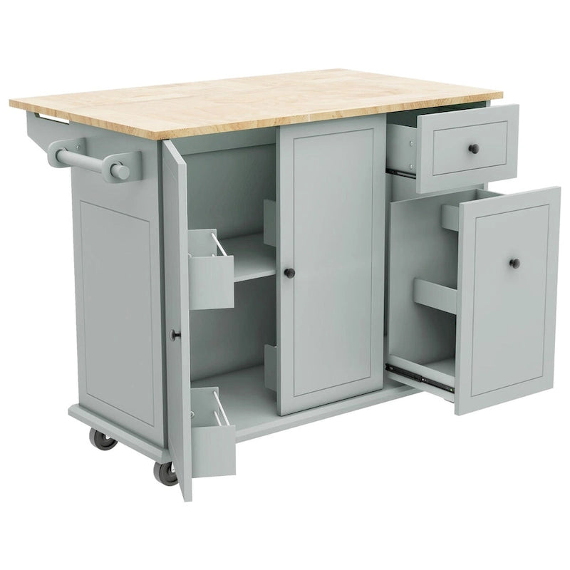 53.9 in. W Kitchen Island with Drop-Leaf Countertop, 5 Wheels, Internal Storage Rack and 3-Tier Pull-Out Cabinet