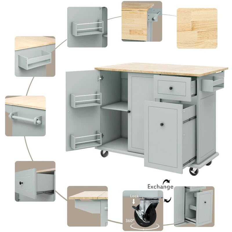 53.9 in. W Kitchen Island with Drop-Leaf Countertop, 5 Wheels, Internal Storage Rack and 3-Tier Pull-Out Cabinet