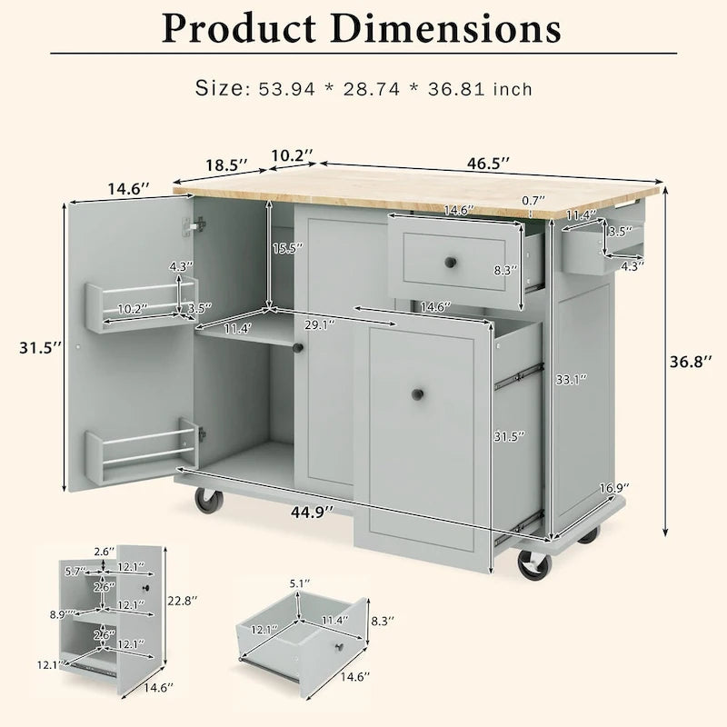 53.9 in. W Kitchen Island with Drop-Leaf Countertop, 5 Wheels, Internal Storage Rack and 3-Tier Pull-Out Cabinet