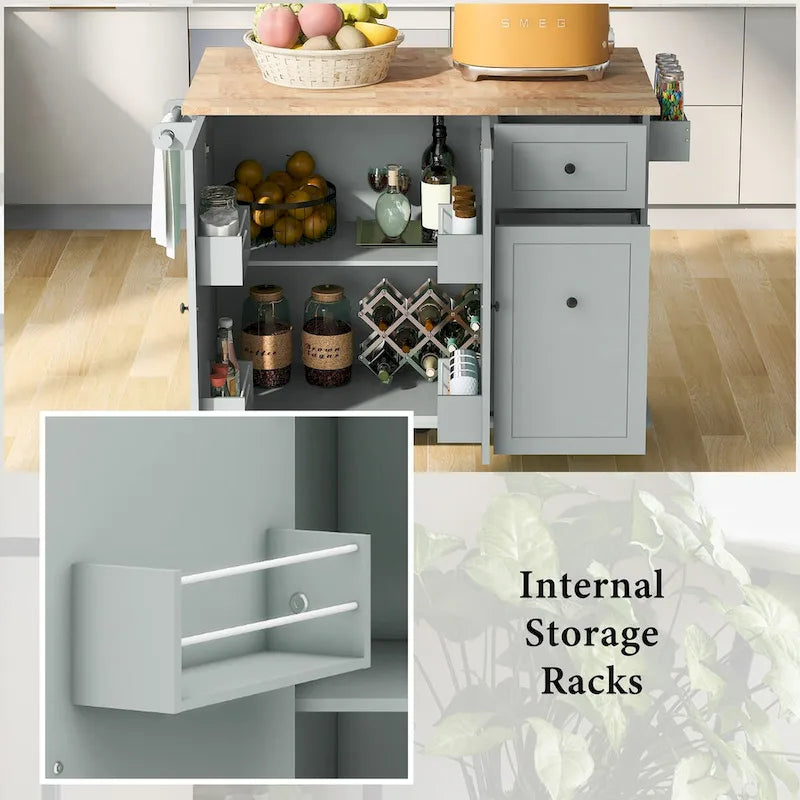 53.9 in. W Kitchen Island with Drop-Leaf Countertop, 5 Wheels, Internal Storage Rack and 3-Tier Pull-Out Cabinet