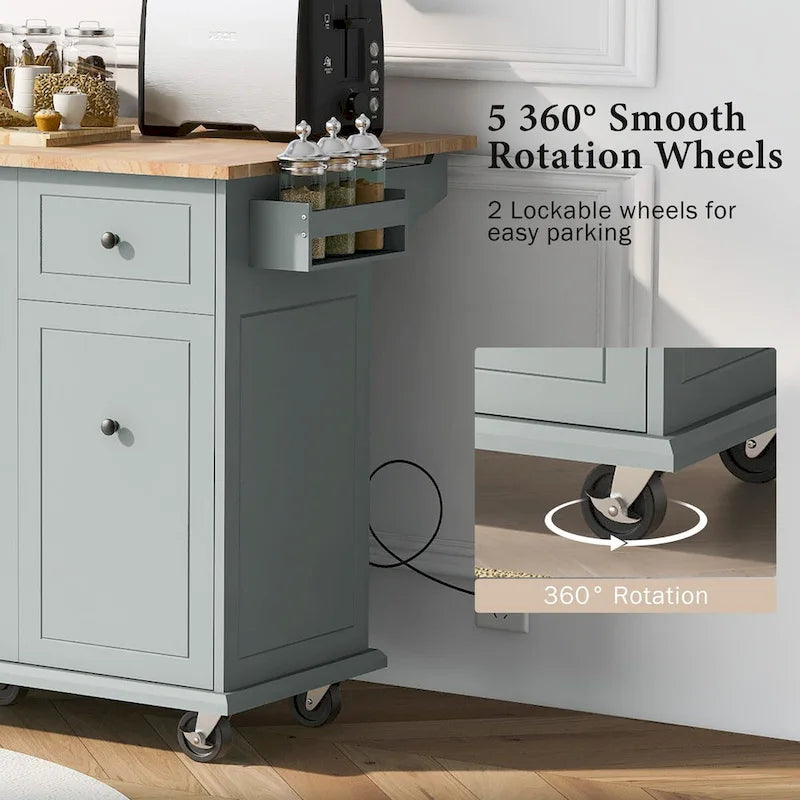 53.9 in. W Kitchen Island with Drop-Leaf Countertop, 5 Wheels, Internal Storage Rack and 3-Tier Pull-Out Cabinet