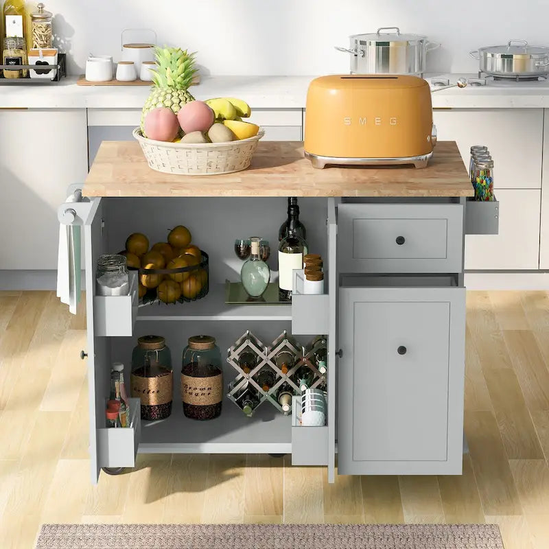 53.9 in. W Kitchen Island with Drop-Leaf Countertop, 5 Wheels, Internal Storage Rack and 3-Tier Pull-Out Cabinet