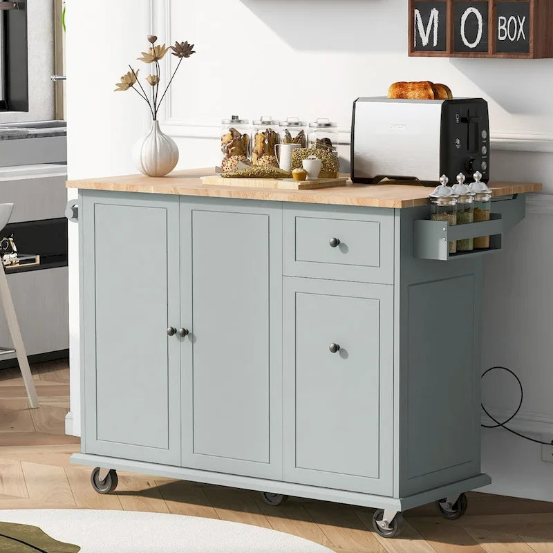 53.9 in. W Kitchen Island with Drop-Leaf Countertop, 5 Wheels, Internal Storage Rack and 3-Tier Pull-Out Cabinet