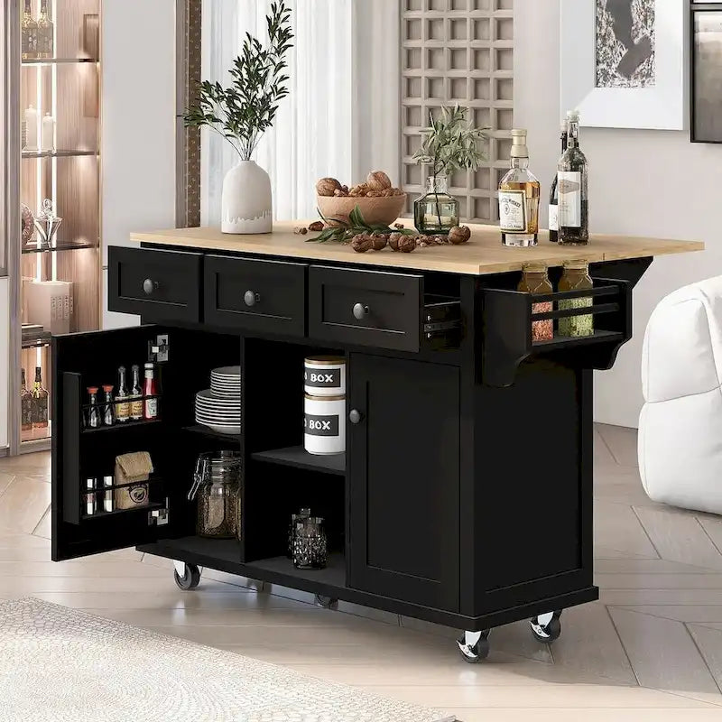 Kitchen Island Cart with Wheels, Drop-Leaf & Storage Racks