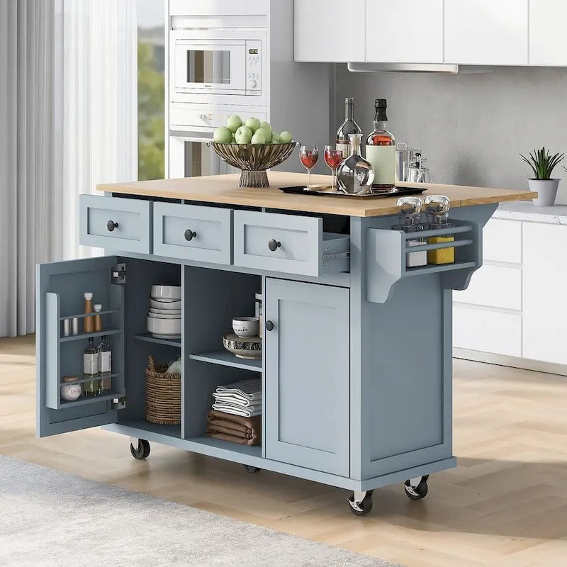 Kitchen Island Cart with Wheels, Drop-Leaf & Storage Racks