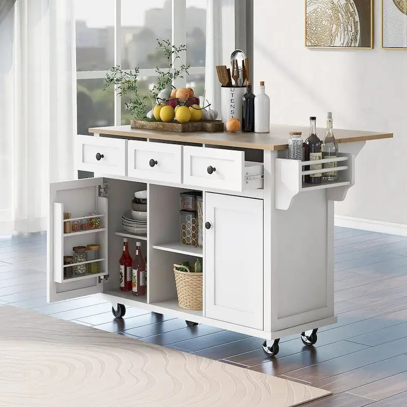 Kitchen Island Cart with Wheels, Drop-Leaf & Storage Racks