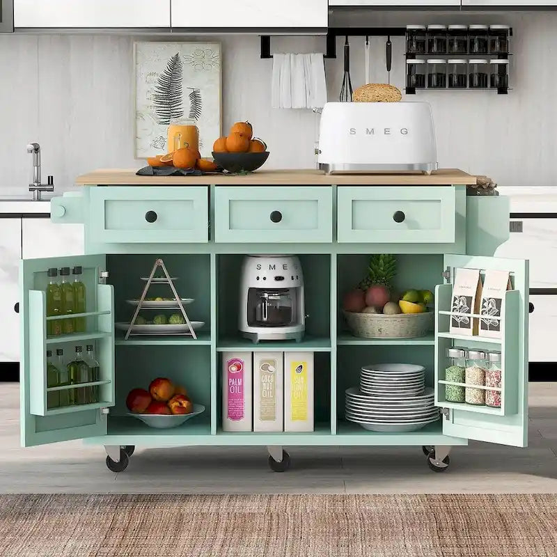 Kitchen Island Cart with Wheels, Drop-Leaf & Storage Racks