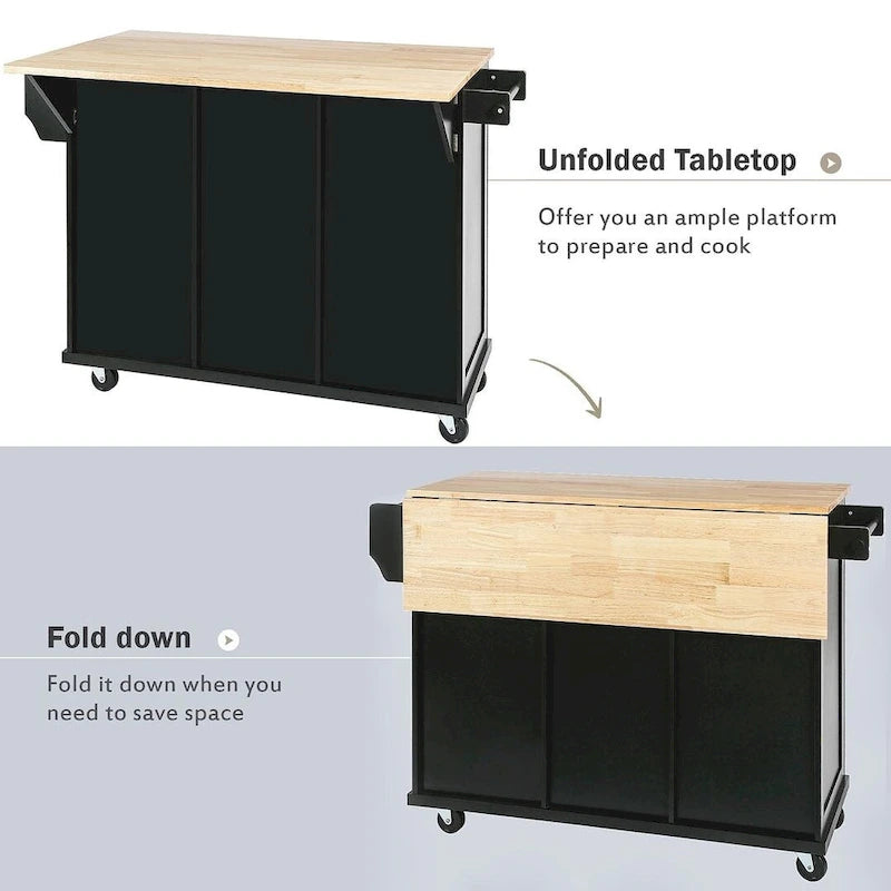 Kitchen Island Cart with Wheels, Drop-Leaf & Storage Racks