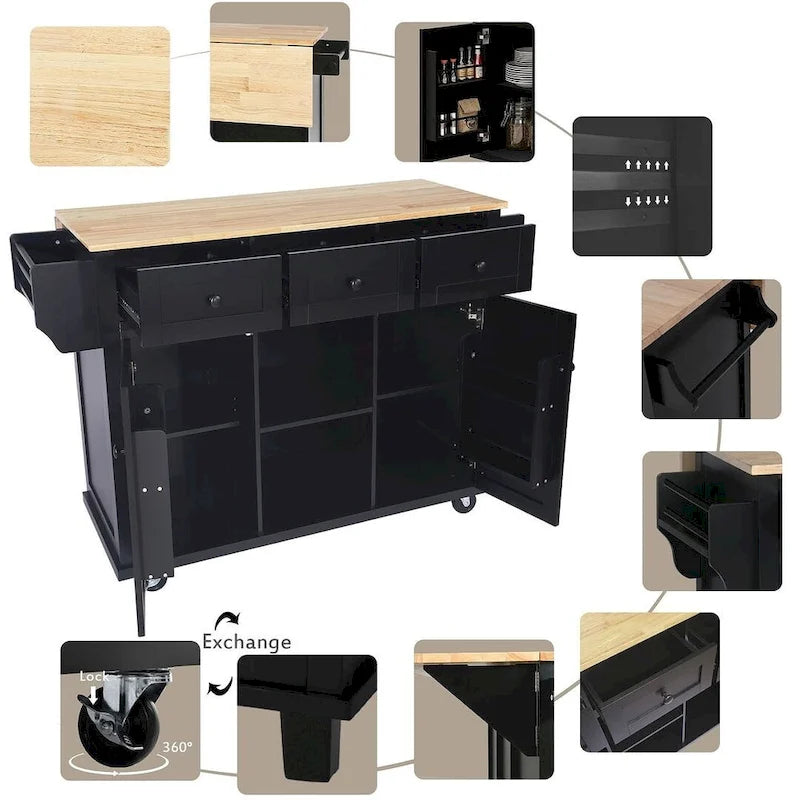 Kitchen Island Cart with Wheels, Drop-Leaf & Storage Racks