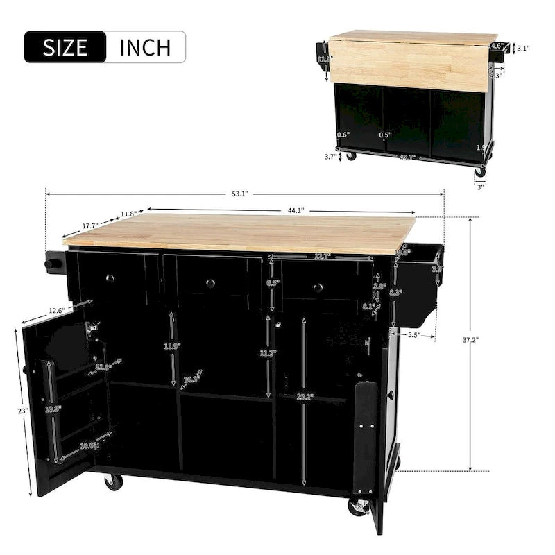 Kitchen Island Cart with Wheels, Drop-Leaf & Storage Racks