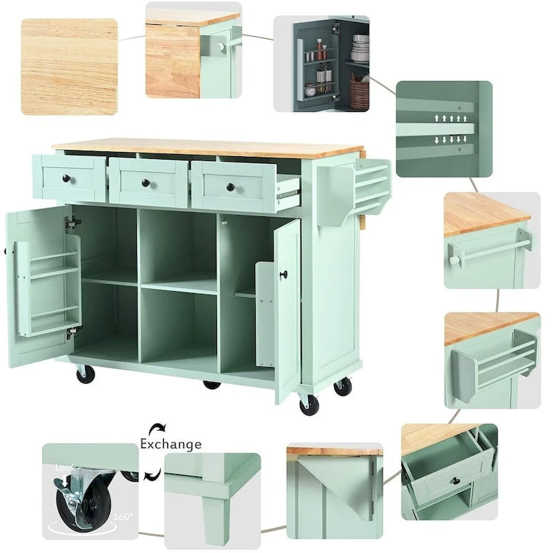 Kitchen Island Cart with Wheels, Drop-Leaf & Storage Racks