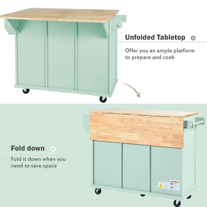 Kitchen Island Cart with Wheels, Drop-Leaf & Storage Racks
