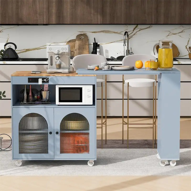 Rolling Kitchen Island with Extended Table and Storage