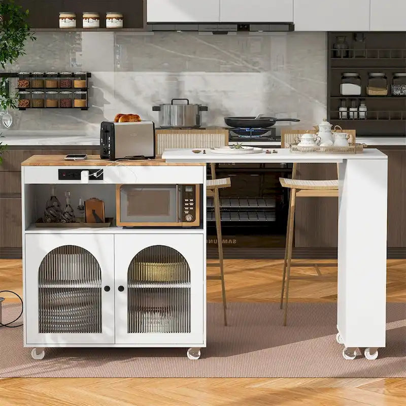 Rolling Kitchen Island with Extended Table and Storage
