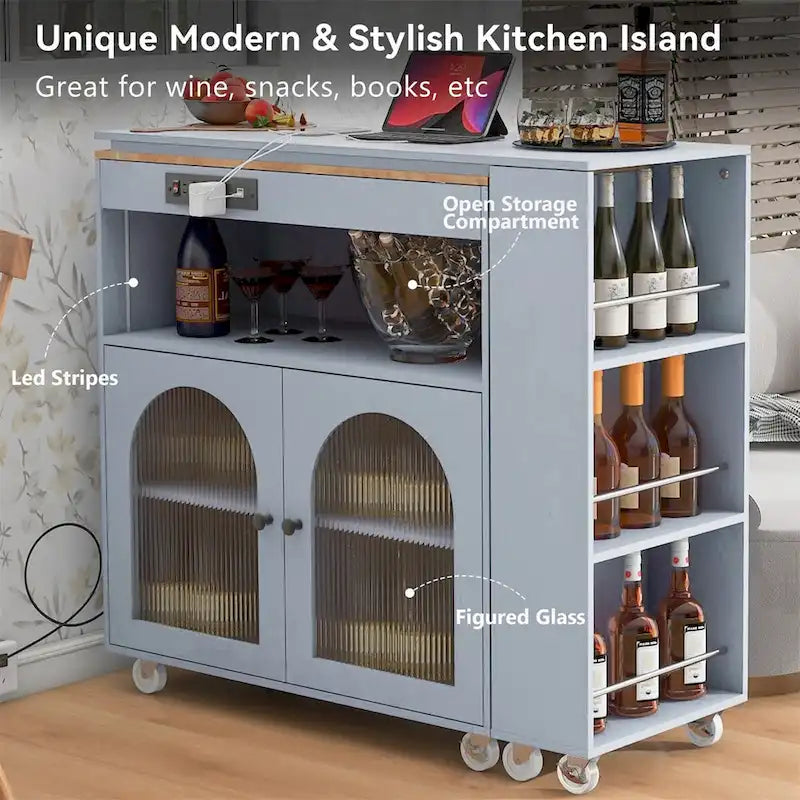 Rolling Kitchen Island with Extended Table and Storage