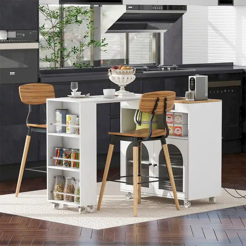Rolling Kitchen Island with Extended Table and Storage
