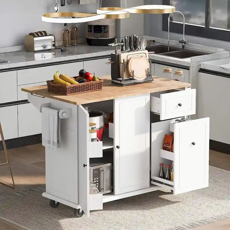 53.9 W Modern Versatile Kitchen Island with Drop Leaf and 3 Drawer Cabinets