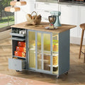 Kitchen Island with Drop Leaf & LED Light, Wheels, 2 Fluted Glass Doors, Adjustable Shelf, 2 Drawers