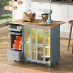Kitchen Island with Drop Leaf & LED Light, Wheels, 2 Fluted Glass Doors, Adjustable Shelf, 2 Drawers