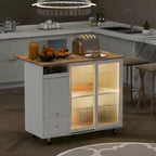 Kitchen Island with Drop Leaf & LED Light, Wheels, 2 Fluted Glass Doors, Adjustable Shelf, 2 Drawers