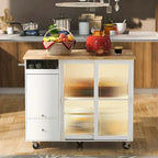 Kitchen Island with Drop Leaf & LED Light, Wheels, 2 Fluted Glass Doors, Adjustable Shelf, 2 Drawers