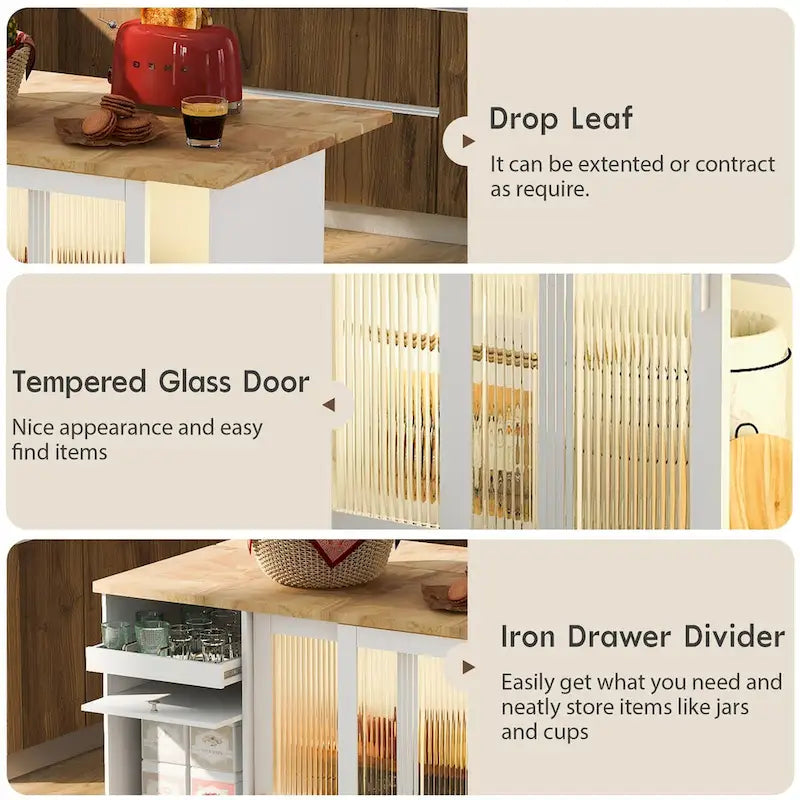 Kitchen Island with Drop Leaf & LED Light, Wheels, 2 Fluted Glass Doors, Adjustable Shelf, 2 Drawers