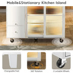 Kitchen Island with Drop Leaf & LED Light, Wheels, 2 Fluted Glass Doors, Adjustable Shelf, 2 Drawers