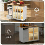 Kitchen Island with Drop Leaf & LED Light, Wheels, 2 Fluted Glass Doors, Adjustable Shelf, 2 Drawers