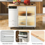 Kitchen Island with Drop Leaf & LED Light, Wheels, 2 Fluted Glass Doors, Adjustable Shelf, 2 Drawers