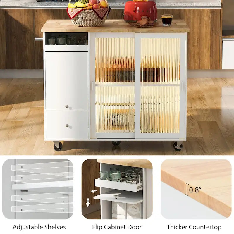 Kitchen Island with Drop Leaf & LED Light, Wheels, 2 Fluted Glass Doors, Adjustable Shelf, 2 Drawers