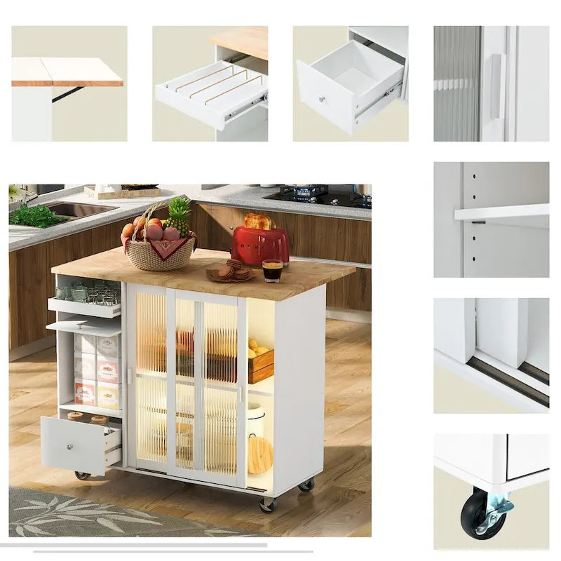 Kitchen Island with Drop Leaf & LED Light, Wheels, 2 Fluted Glass Doors, Adjustable Shelf, 2 Drawers