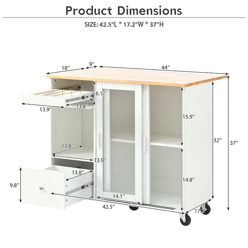 Kitchen Island with Drop Leaf & LED Light, Wheels, 2 Fluted Glass Doors, Adjustable Shelf, 2 Drawers