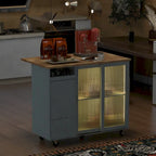 Kitchen Island with Drop Leaf & LED Light, Wheels, 2 Fluted Glass Doors, Adjustable Shelf, 2 Drawers