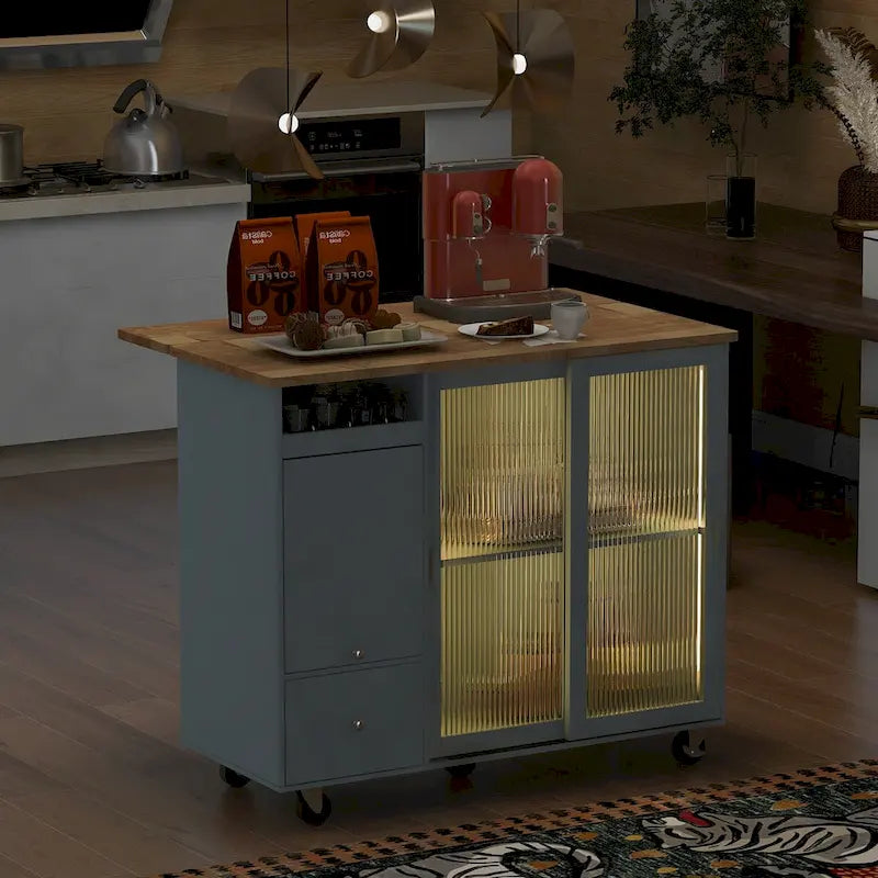 Kitchen Island with Drop Leaf & LED Light, Wheels, 2 Fluted Glass Doors, Adjustable Shelf, 2 Drawers