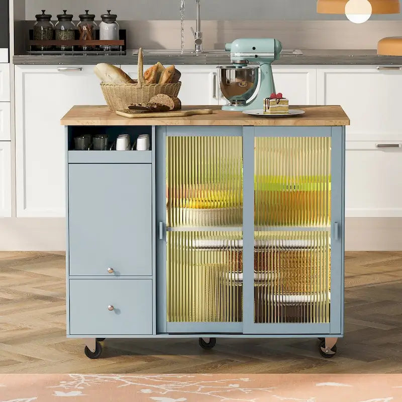Kitchen Island with Drop Leaf & LED Light, Wheels, 2 Fluted Glass Doors, Adjustable Shelf, 2 Drawers