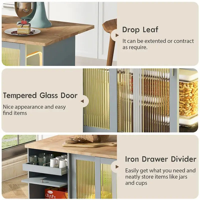 Kitchen Island with Drop Leaf & LED Light, Wheels, 2 Fluted Glass Doors, Adjustable Shelf, 2 Drawers
