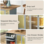 Kitchen Island with Drop Leaf & LED Light, Wheels, 2 Fluted Glass Doors, Adjustable Shelf, 2 Drawers