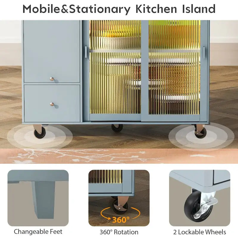 Kitchen Island with Drop Leaf & LED Light, Wheels, 2 Fluted Glass Doors, Adjustable Shelf, 2 Drawers