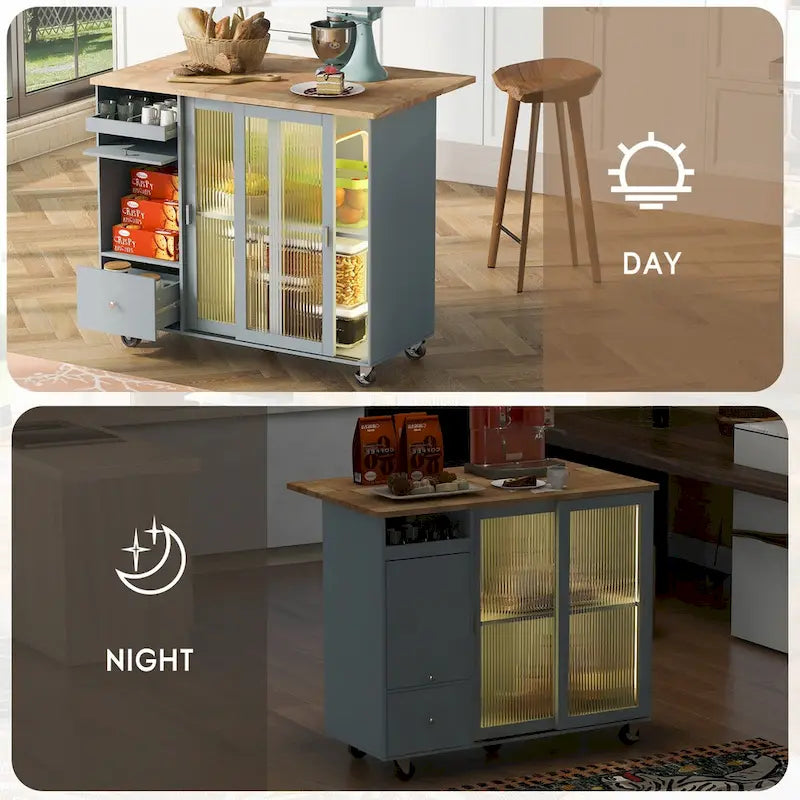 Kitchen Island with Drop Leaf & LED Light, Wheels, 2 Fluted Glass Doors, Adjustable Shelf, 2 Drawers