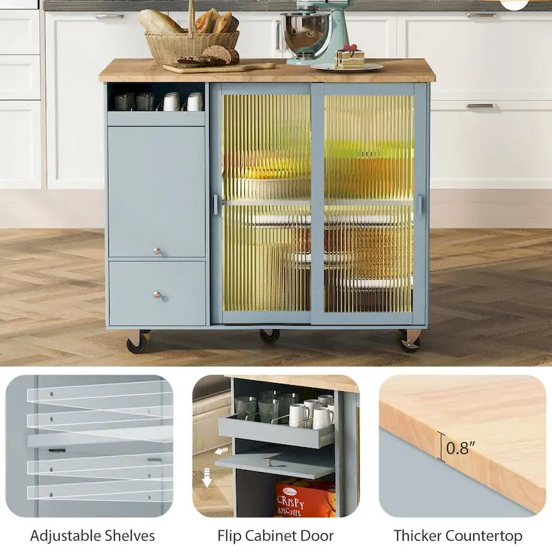 Kitchen Island with Drop Leaf & LED Light, Wheels, 2 Fluted Glass Doors, Adjustable Shelf, 2 Drawers