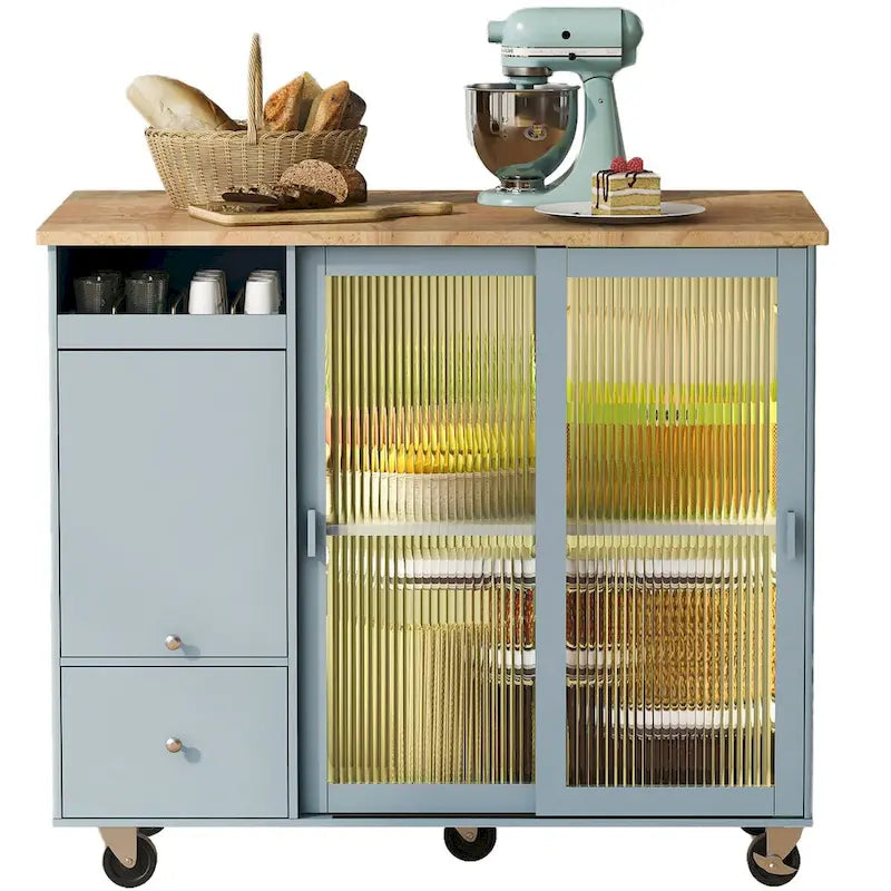 Kitchen Island with Drop Leaf & LED Light, Wheels, 2 Fluted Glass Doors, Adjustable Shelf, 2 Drawers