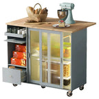 Kitchen Island with Drop Leaf & LED Light, Wheels, 2 Fluted Glass Doors, Adjustable Shelf, 2 Drawers