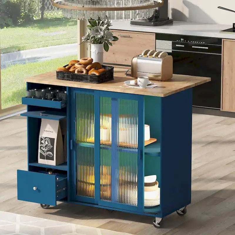 Kitchen Island with Drop Leaf & LED Light, Wheels, 2 Fluted Glass Doors, Adjustable Shelf, 2 Drawers