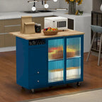 Kitchen Island with Drop Leaf & LED Light, Wheels, 2 Fluted Glass Doors, Adjustable Shelf, 2 Drawers