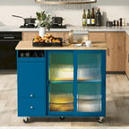 Kitchen Island with Drop Leaf & LED Light, Wheels, 2 Fluted Glass Doors, Adjustable Shelf, 2 Drawers