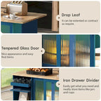 Kitchen Island with Drop Leaf & LED Light, Wheels, 2 Fluted Glass Doors, Adjustable Shelf, 2 Drawers