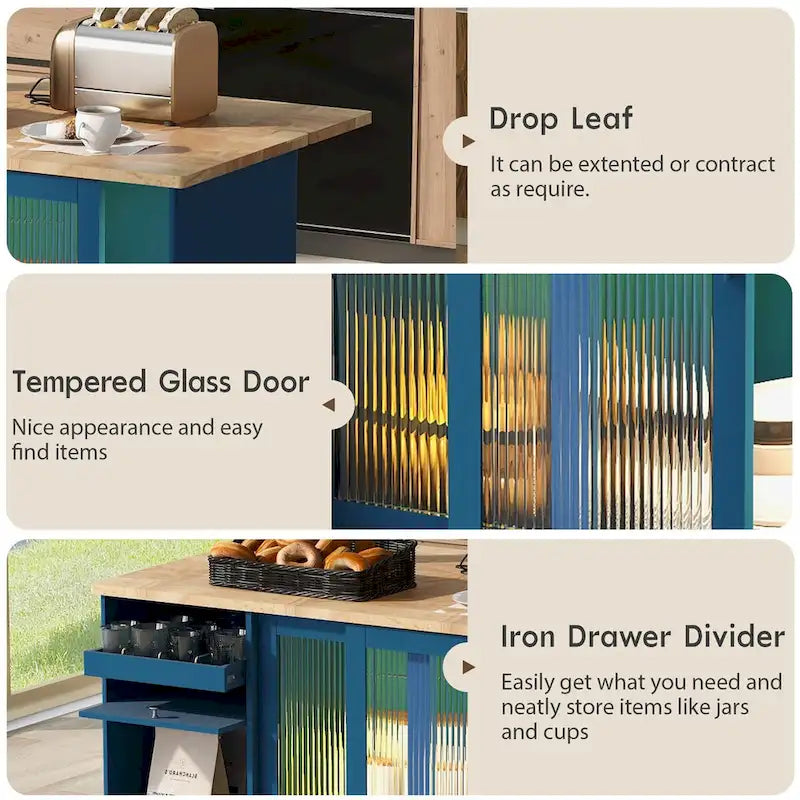 Kitchen Island with Drop Leaf & LED Light, Wheels, 2 Fluted Glass Doors, Adjustable Shelf, 2 Drawers