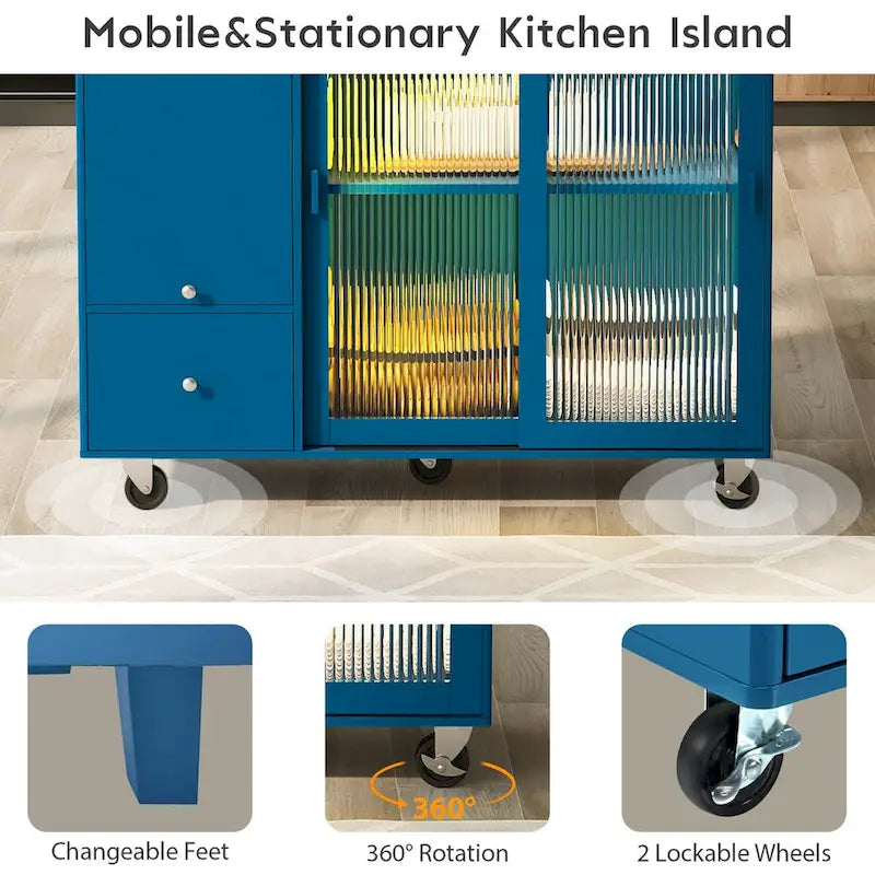 Kitchen Island with Drop Leaf & LED Light, Wheels, 2 Fluted Glass Doors, Adjustable Shelf, 2 Drawers