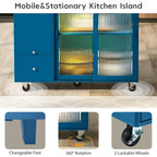 Kitchen Island with Drop Leaf & LED Light, Wheels, 2 Fluted Glass Doors, Adjustable Shelf, 2 Drawers